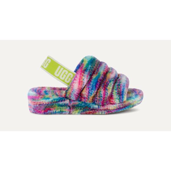 UGG Fluff Yeah Pixelate Sandals Women's Size 5 Neon Rainbow Cozy Slipper Shoes - Picture 1 of 11
